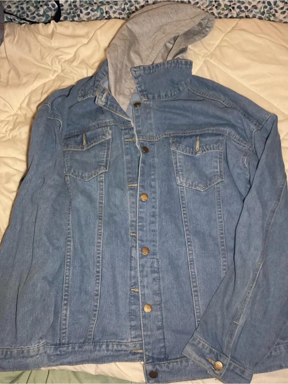 Light Blue Denim Jacket with Detachable Gray Hood - Picture 2 of 9